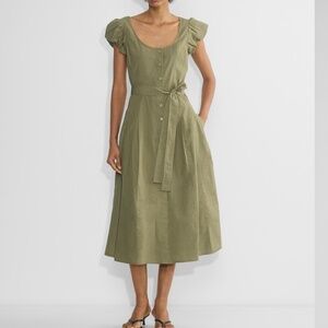 Wilfred Aritzia Governess Poplin Midi Dress Green Olive Short Sleeve Button Up S